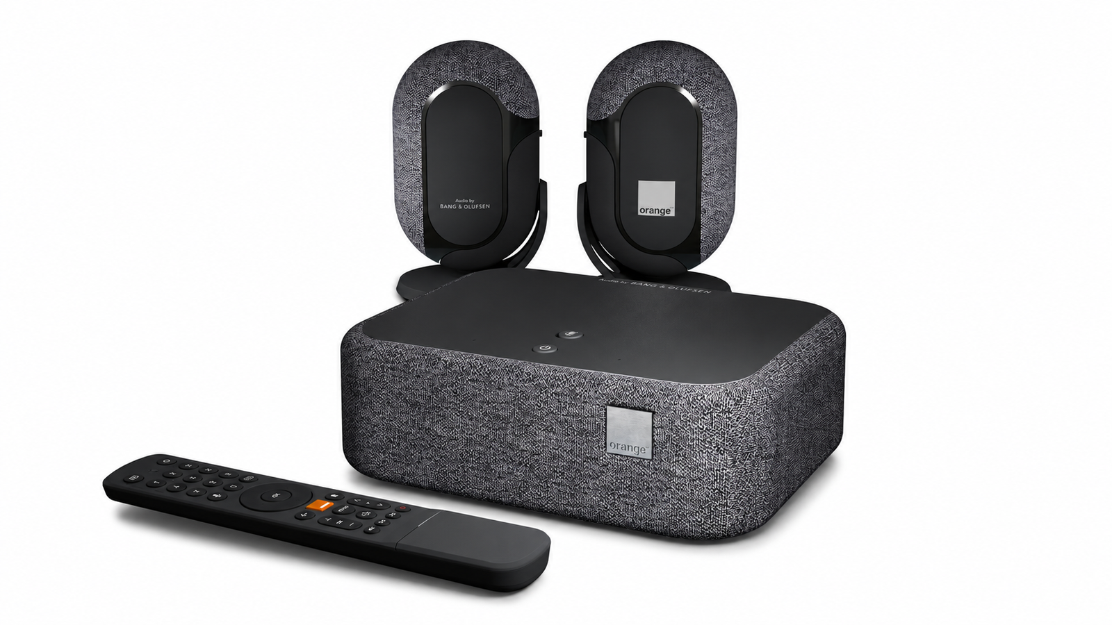 Décodeur Home Cinema Orange, télécommande et deux enceintes immersives optionnelles