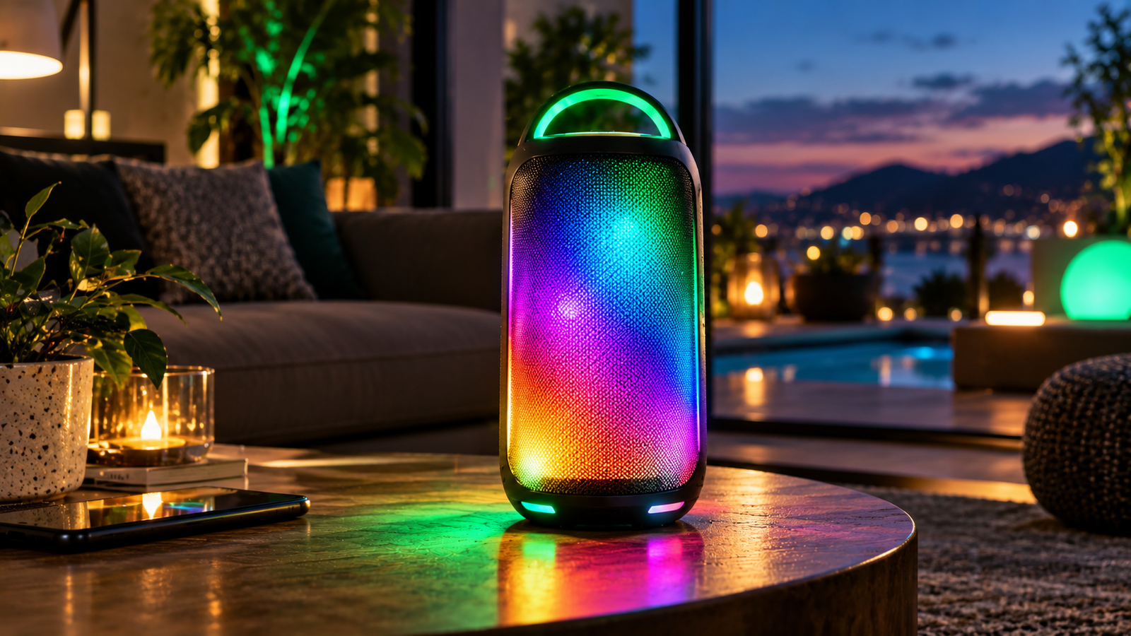 JBL Pulse 6 avec éclairage à 360 degrés dans un salon