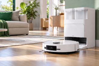 Ecovacs Deebot T90 Pro Omni avec sa station de nettoyage dans un salon moderne