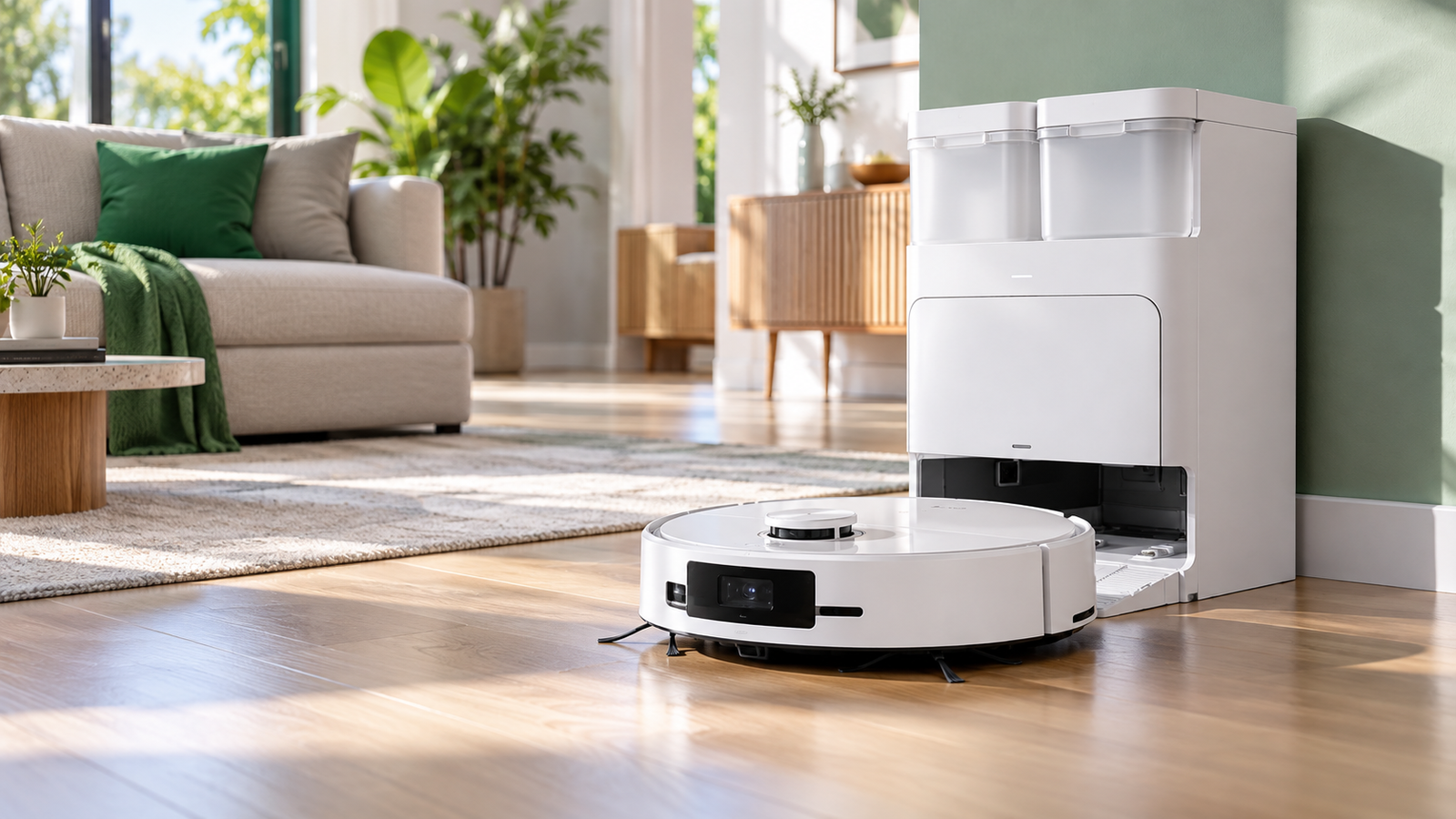 Ecovacs Deebot T90 Pro Omni avec sa station de nettoyage dans un salon moderne