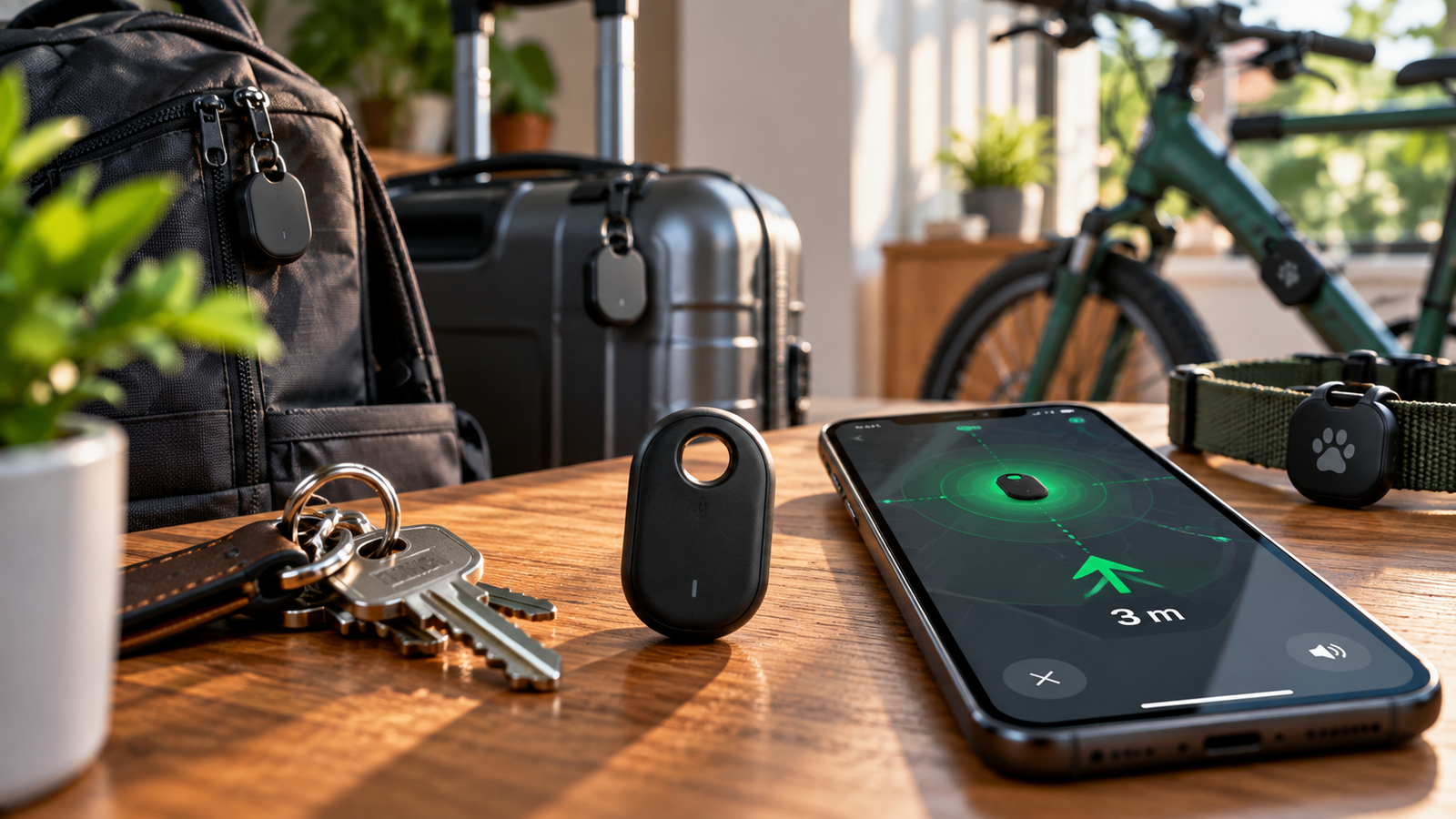 Samsung Galaxy SmartTag3 utilisé pour localiser des clés, une valise et un sac