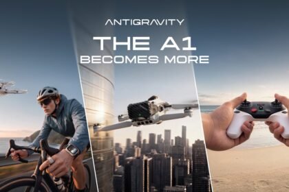 Visuel presse Antigravity A1 avec un cycliste portant la montre et l’anneau, le drone et une radiocommande