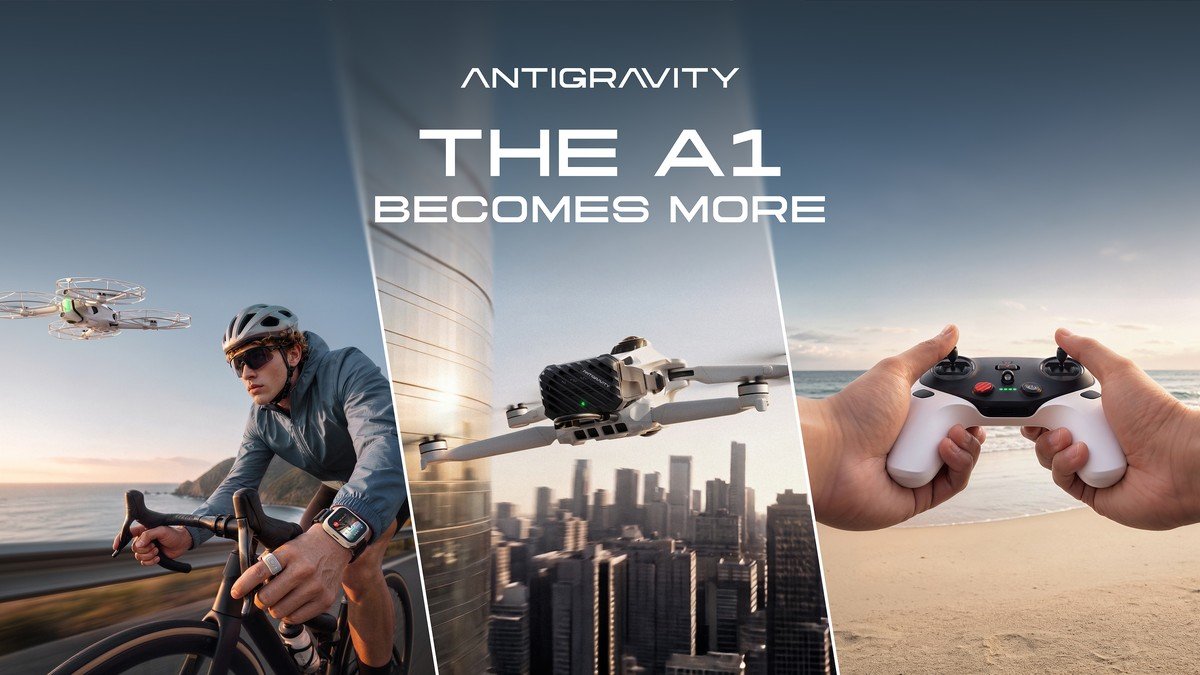 Visuel presse Antigravity A1 avec un cycliste portant la montre et l’anneau, le drone et une radiocommande