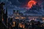 Illustration d’un Paris médiéval fantastique dominé par un château gothique sous une lune rouge