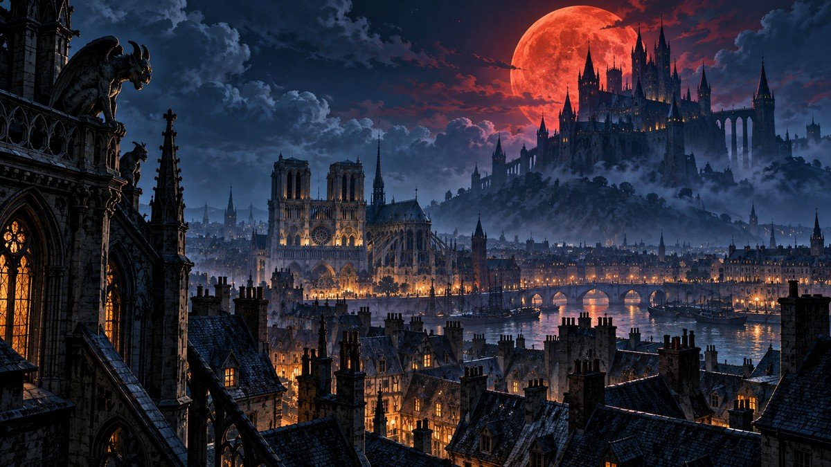 Illustration d’un Paris médiéval fantastique dominé par un château gothique sous une lune rouge