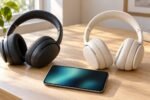 Deux casques Bluetooth noir et crème avec un smartphone générique posé sur une table
