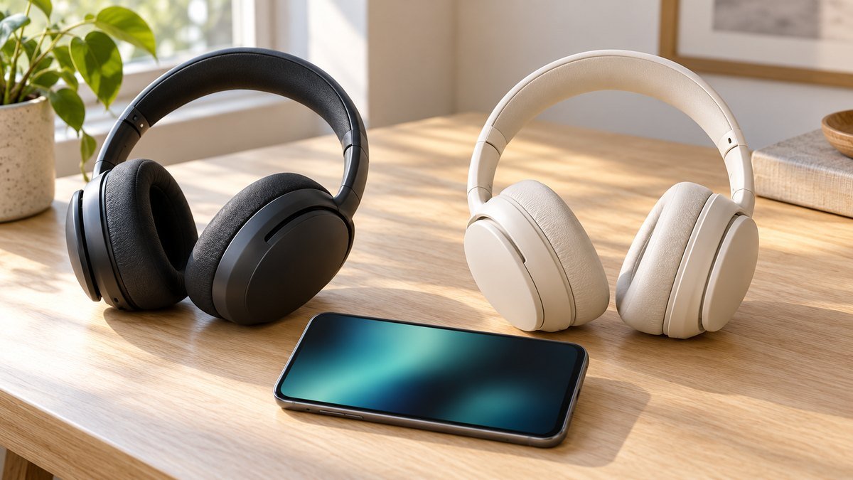 Deux casques Bluetooth noir et crème avec un smartphone générique posé sur une table