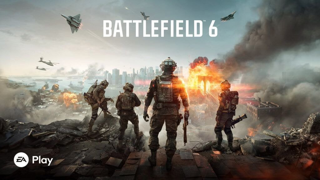 Illustration officielle Battlefield 6 avec des soldats et une ville en arrière-plan