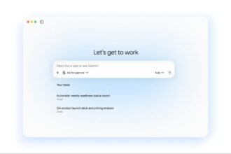 Interface officielle de Gemini agent présentant une zone de demande et une liste de tâches