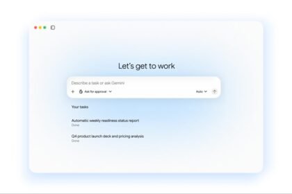 Interface officielle de Gemini agent présentant une zone de demande et une liste de tâches