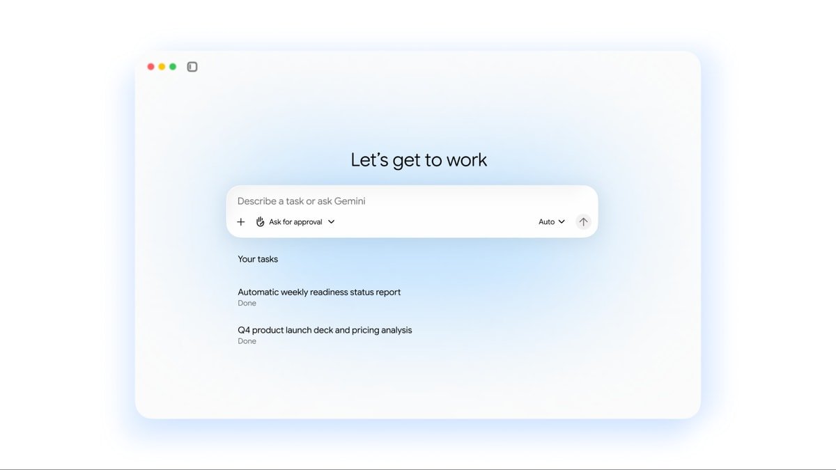 Interface officielle de Gemini agent présentant une zone de demande et une liste de tâches