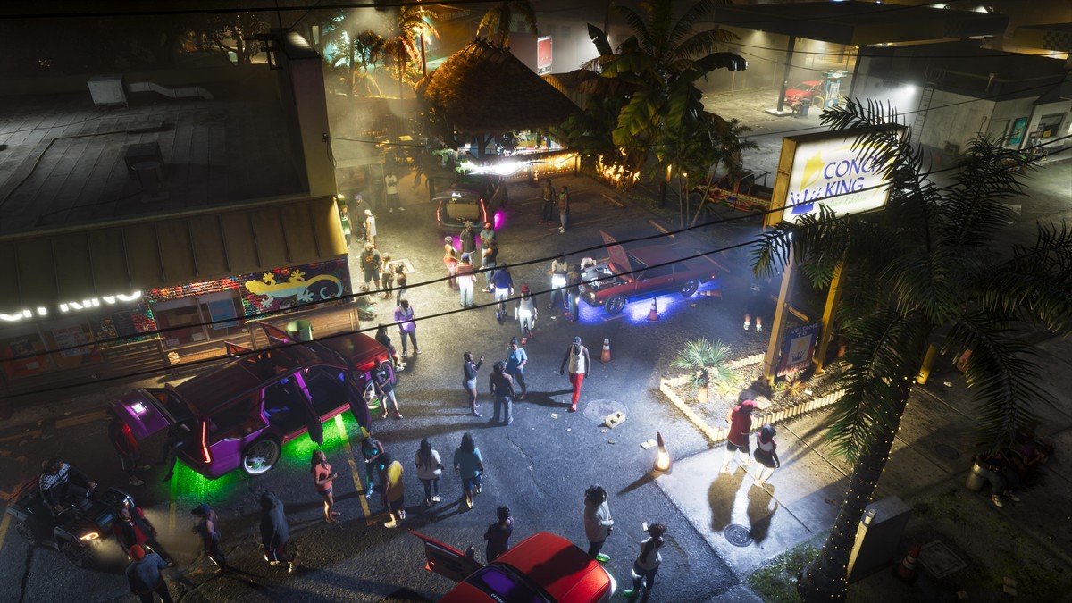 Rassemblement nocturne de voitures personnalisées près du Conch King dans GTA VI