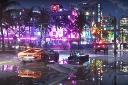 Voiture orange et reflets des néons dans une rue mouillée de Vice City dans GTA VI