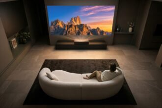 Vidéoprojecteur LG HU925V installé devant un grand écran dans un salon sombre