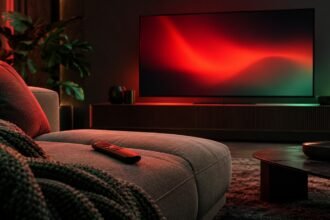 Télécommande sur un canapé devant un téléviseur aux lueurs rouges et vertes, illustration du streaming