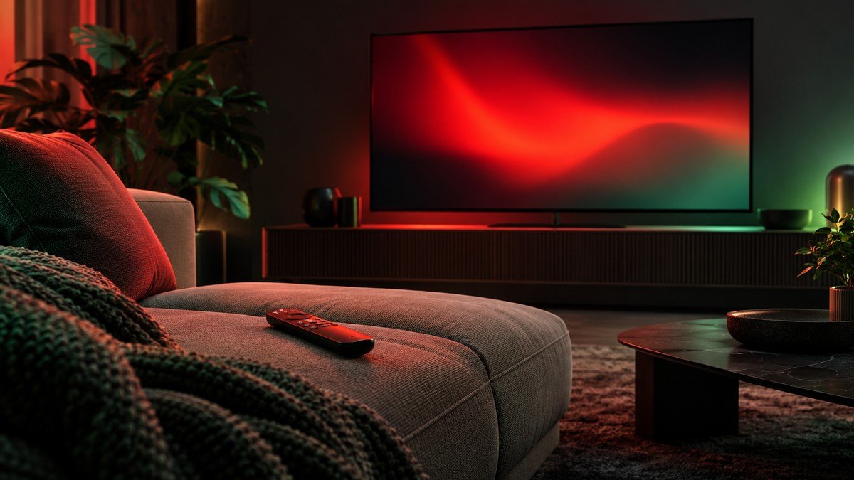 Télécommande sur un canapé devant un téléviseur aux lueurs rouges et vertes, illustration du streaming