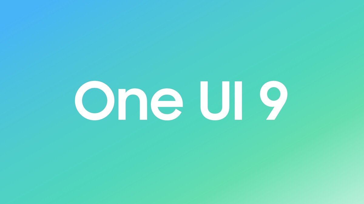 Visuel officiel One UI 9 sur un fond dégradé bleu et vert