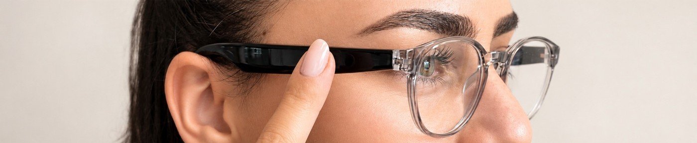 Une utilisatrice touche la branche de ses lunettes audio Optic 2000 transparentes