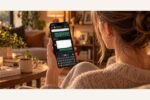 Une femme utilise le clavier Swifly sur son iPhone pour rédiger un message.