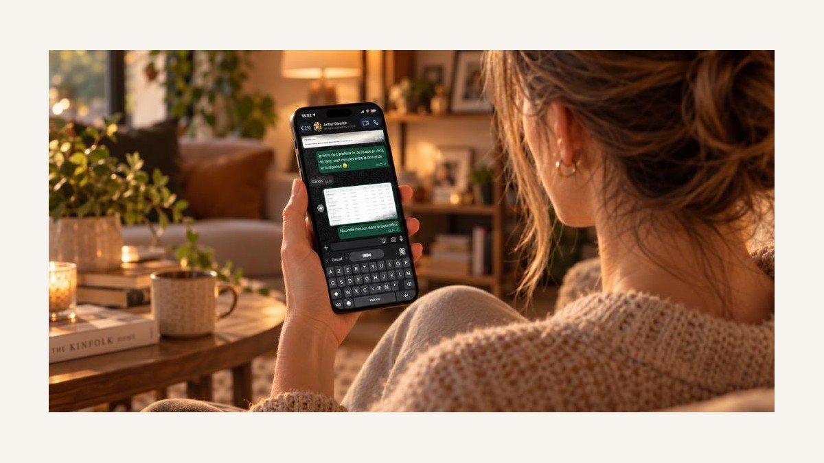 Une femme utilise le clavier Swifly sur son iPhone pour rédiger un message.
