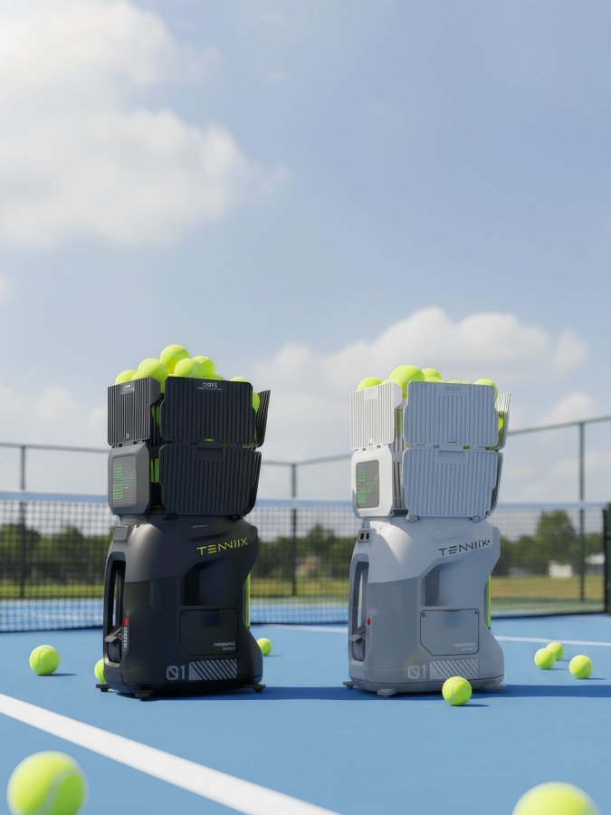 Lance-balles TENNIIX noir et blanc sur un court de tennis